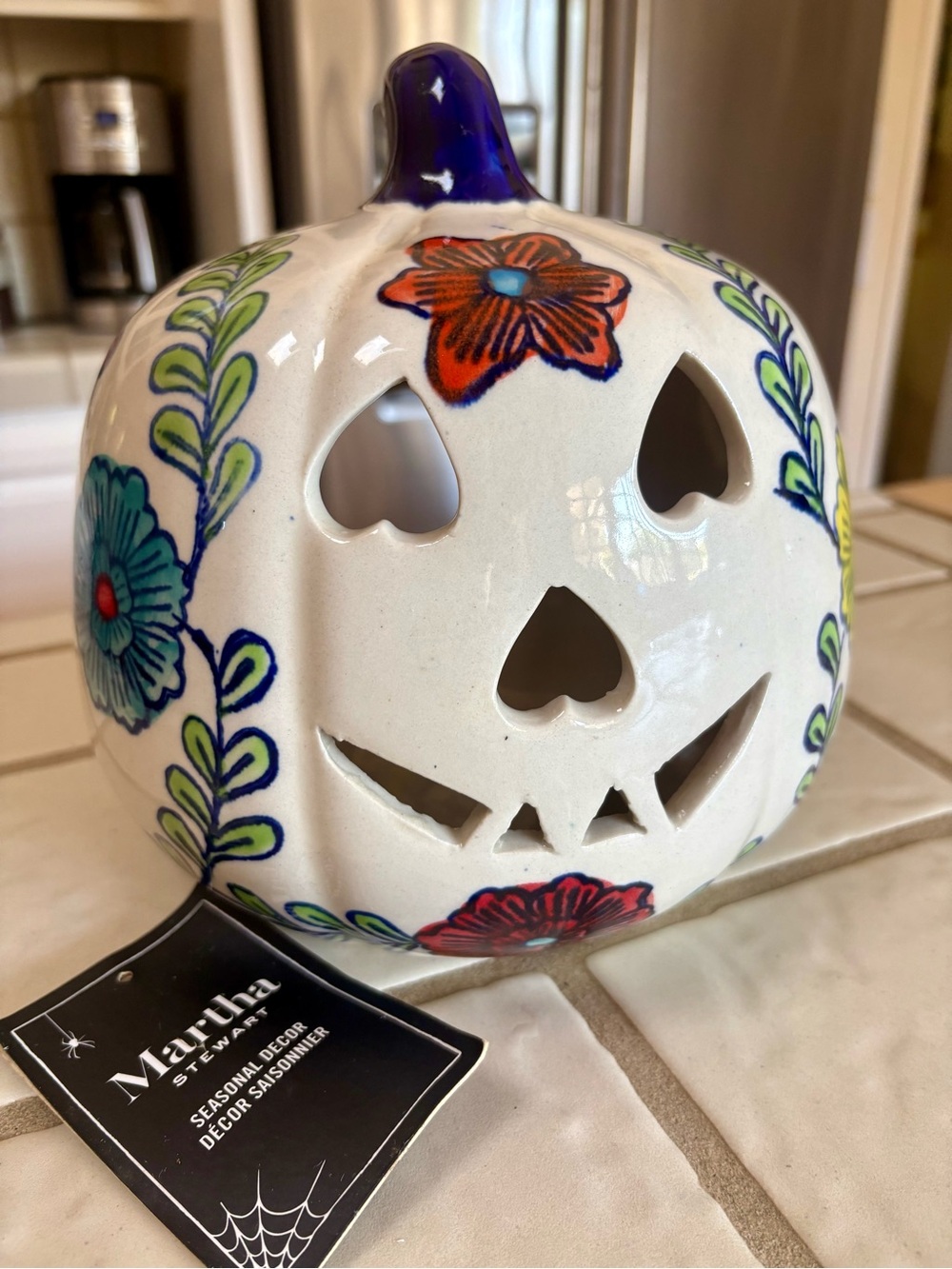Martha Stewart White Ceramic Pumpkin Lantern with Multicolor Floral Accents